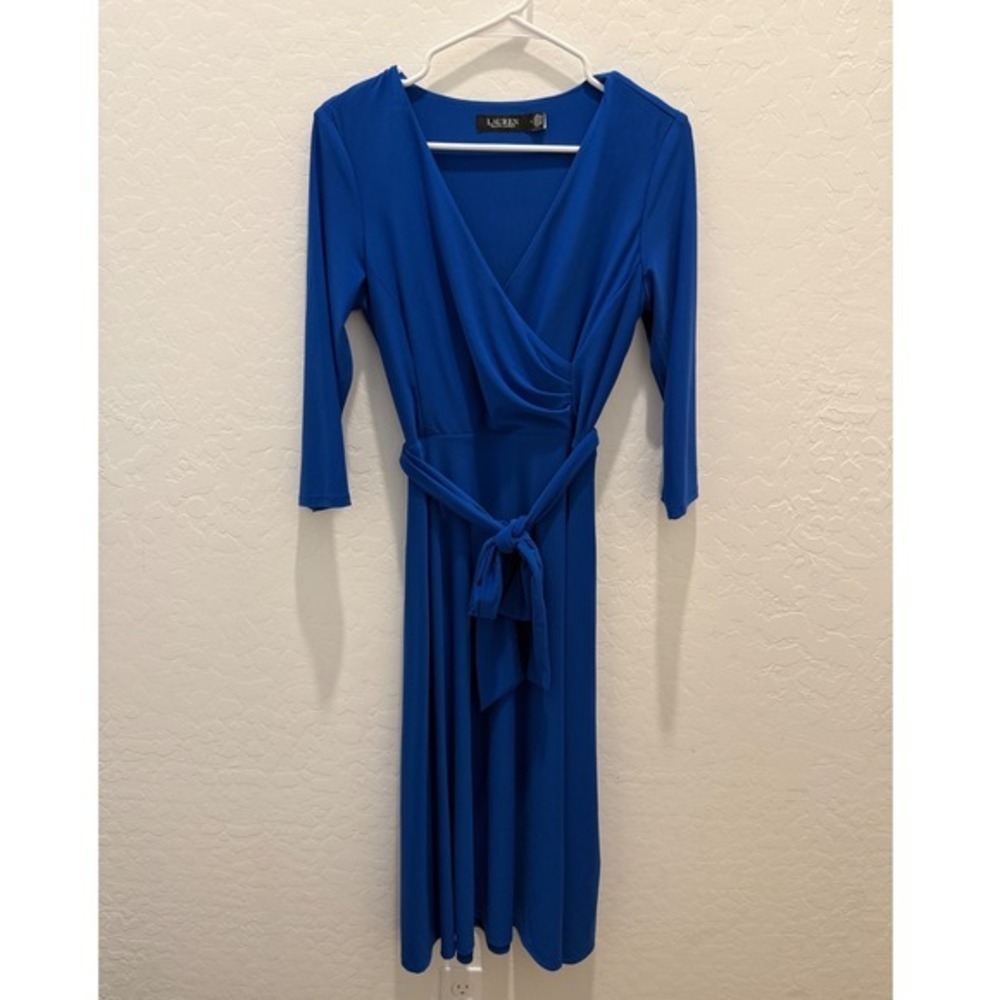 Lauren Ralph Lauren Royal Blue Surplice Jersey Midi Dress Size 4 Faux Wrap Tie‎